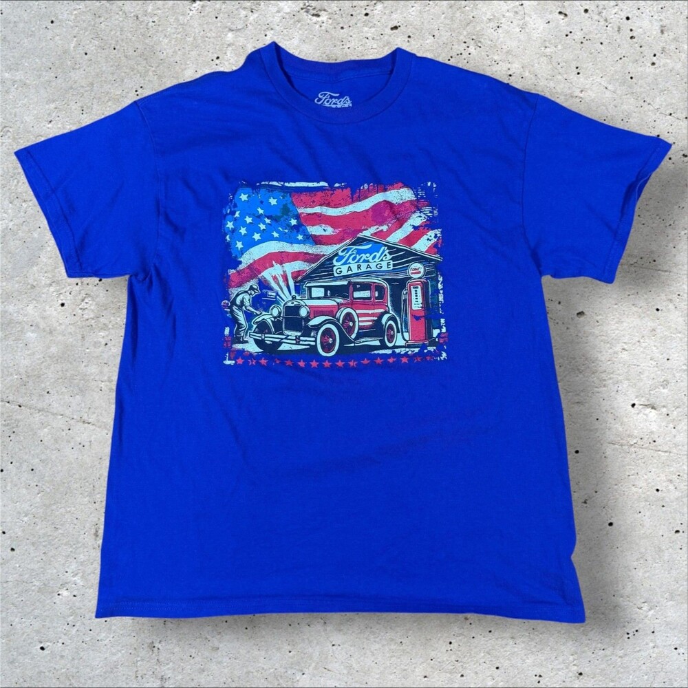 Fords Garage T Shirt Mens Large L Royal Blue US Flag Graphic Car Tee Classic - Picture 1 of 8